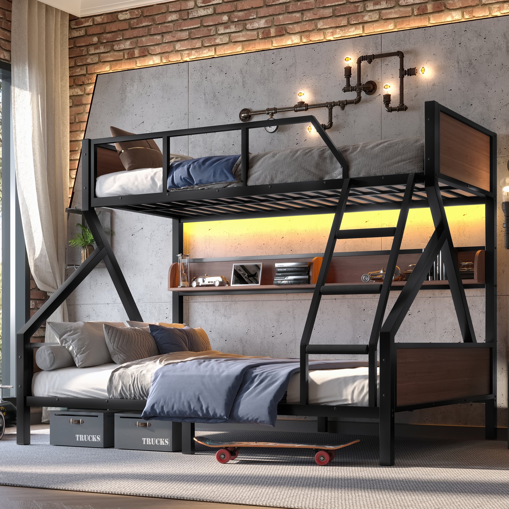 Bellemave® Bunk Beds Twin Over Full Size with Storage Shelves & LED Light, Metal Twin Over Full Bunk Bed Frame with Wood Board & Sturdy Slats, Heavy Duty Bed Frame, Noise Free, Black - Bellemave