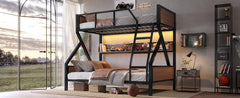 Bellemave® Bunk Beds Twin Over Full Size with Storage Shelves & LED Light, Metal Twin Over Full Bunk Bed Frame with Wood Board & Sturdy Slats, Heavy Duty Bed Frame, Noise Free, Black - Bellemave