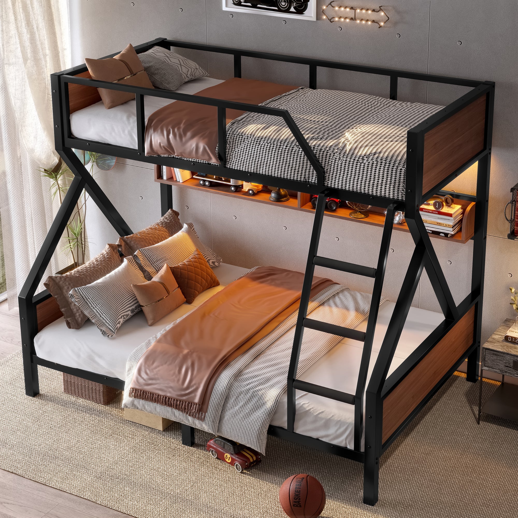 Bellemave® Bunk Beds Twin Over Full Size with Storage Shelves & LED Light, Metal Twin Over Full Bunk Bed Frame with Wood Board & Sturdy Slats, Heavy Duty Bed Frame, Noise Free, Black - Bellemave