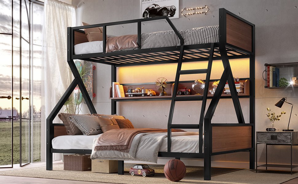 Bellemave® Bunk Beds Twin Over Full Size with Storage Shelves & LED Light, Metal Twin Over Full Bunk Bed Frame with Wood Board & Sturdy Slats, Heavy Duty Bed Frame, Noise Free, Black - Bellemave