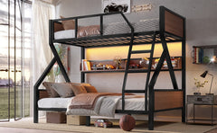Bellemave® Bunk Beds Twin Over Full Size with Storage Shelves & LED Light, Metal Twin Over Full Bunk Bed Frame with Wood Board & Sturdy Slats, Heavy Duty Bed Frame, Noise Free, Black - Bellemave
