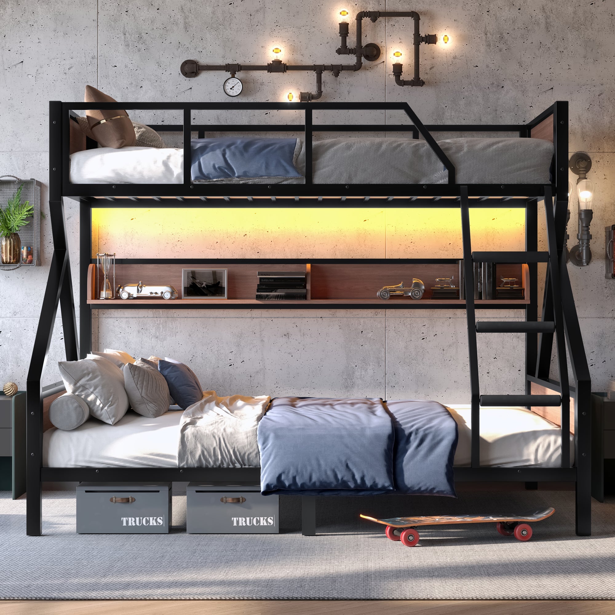 Bellemave® Bunk Beds Twin Over Full Size with Storage Shelves & LED Light, Metal Twin Over Full Bunk Bed Frame with Wood Board & Sturdy Slats, Heavy Duty Bed Frame, Noise Free, Black - Bellemave