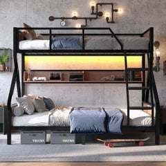 Bellemave® Bunk Beds Twin Over Full Size with Storage Shelves & LED Light, Metal Twin Over Full Bunk Bed Frame with Wood Board & Sturdy Slats, Heavy Duty Bed Frame, Noise Free, Black - Bellemave