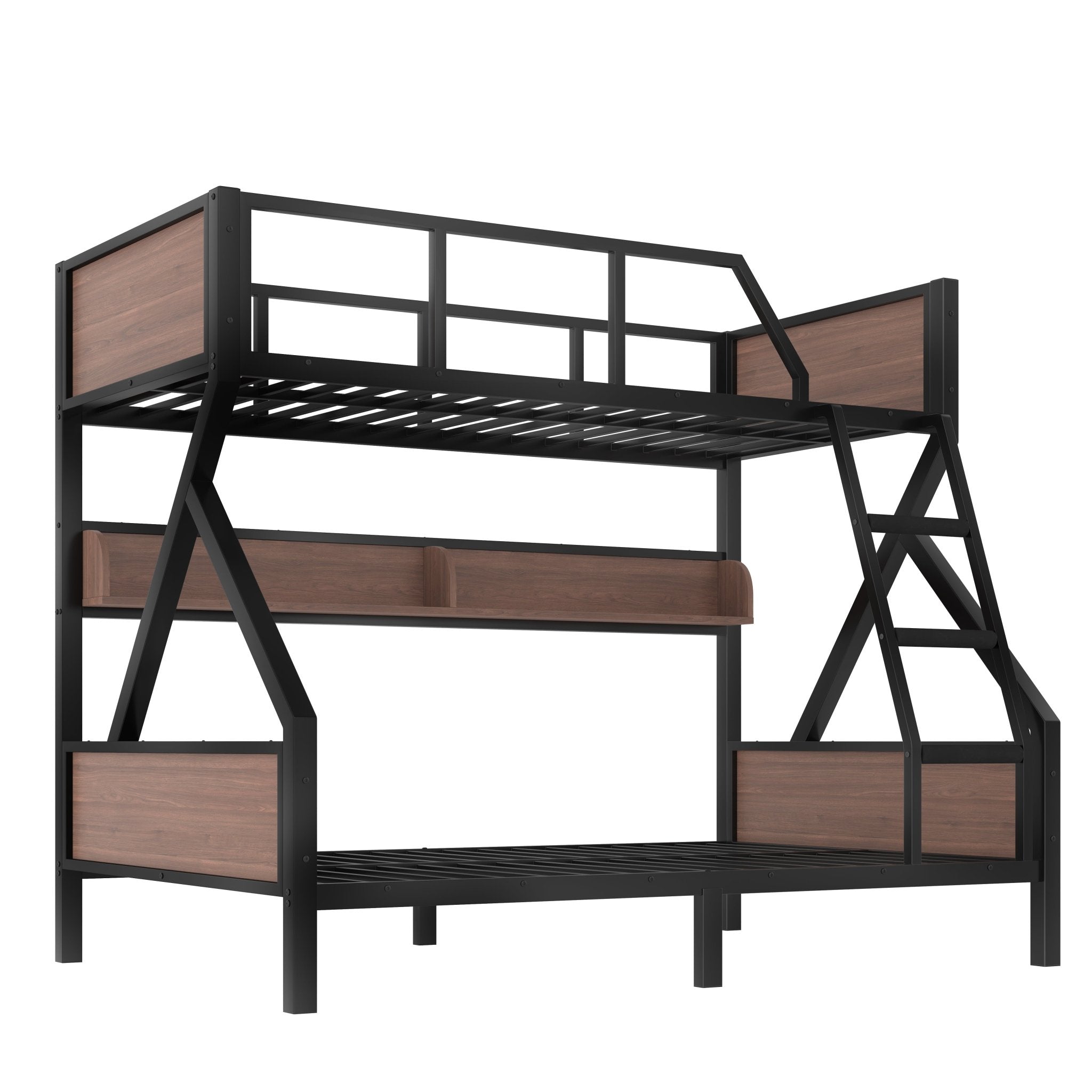 Bellemave® Bunk Beds Twin Over Full Size with Storage Shelves & LED Light, Metal Twin Over Full Bunk Bed Frame with Wood Board & Sturdy Slats, Heavy Duty Bed Frame, Noise Free, Black - Bellemave