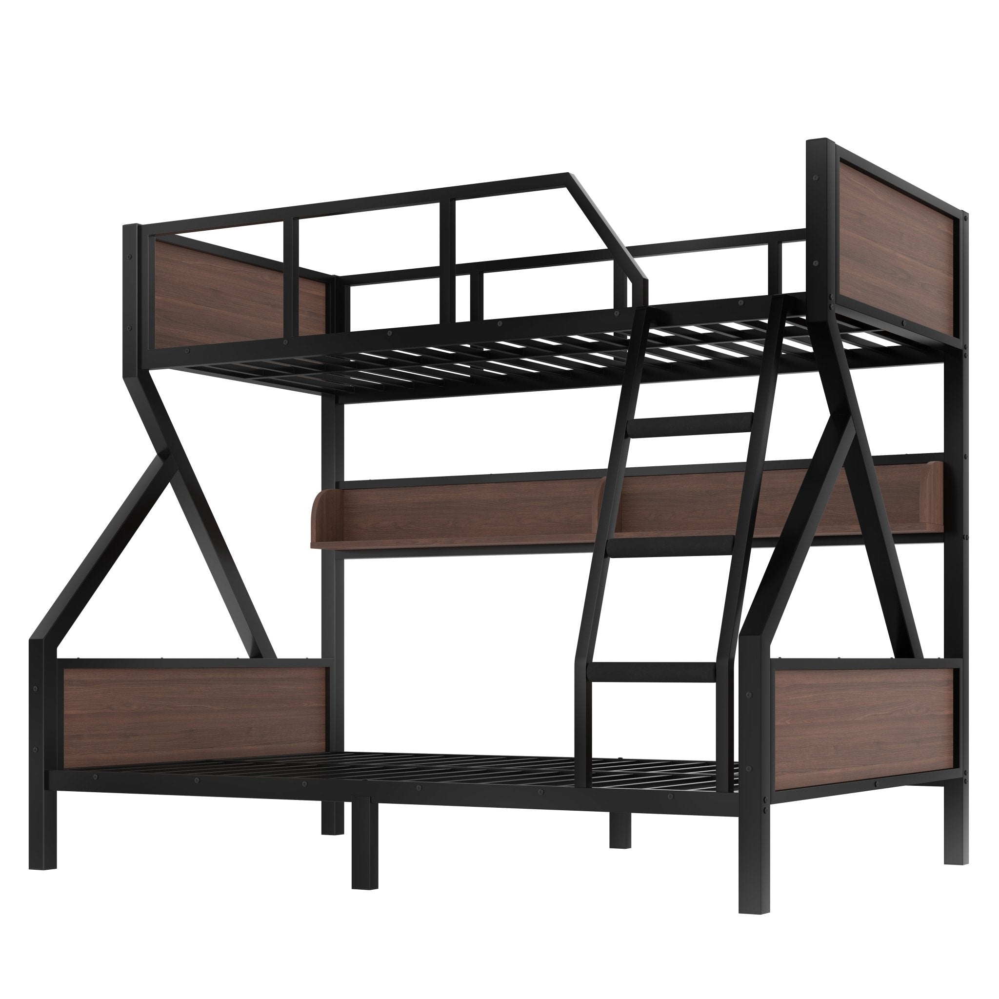 Bellemave® Bunk Beds Twin Over Full Size with Storage Shelves & LED Light, Metal Twin Over Full Bunk Bed Frame with Wood Board & Sturdy Slats, Heavy Duty Bed Frame, Noise Free, Black - Bellemave