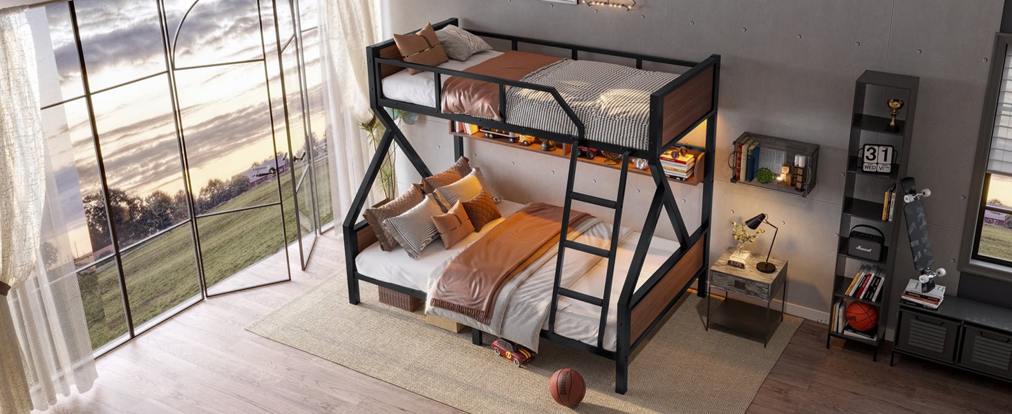Bellemave® Bunk Beds Twin Over Full Size with Storage Shelves & LED Light, Metal Twin Over Full Bunk Bed Frame with Wood Board & Sturdy Slats, Heavy Duty Bed Frame, Noise Free, Black - Bellemave