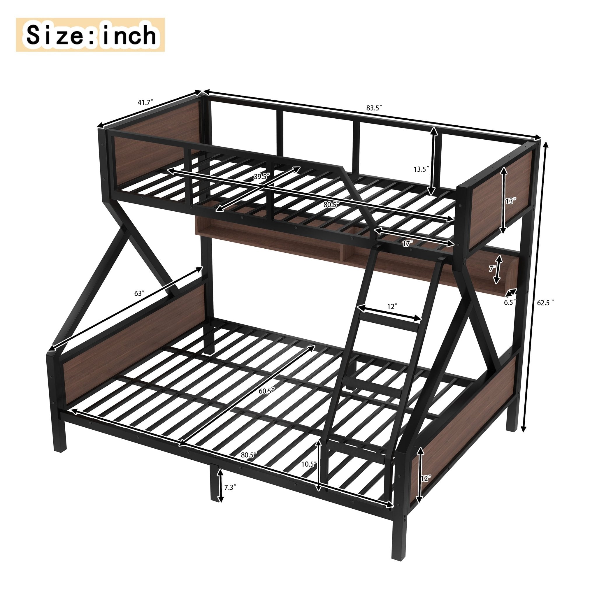 Bellemave® Bunk Beds Twin Over Full Size with Storage Shelves & LED Light, Metal Twin Over Full Bunk Bed Frame with Wood Board & Sturdy Slats, Heavy Duty Bed Frame, Noise Free, Black - Bellemave