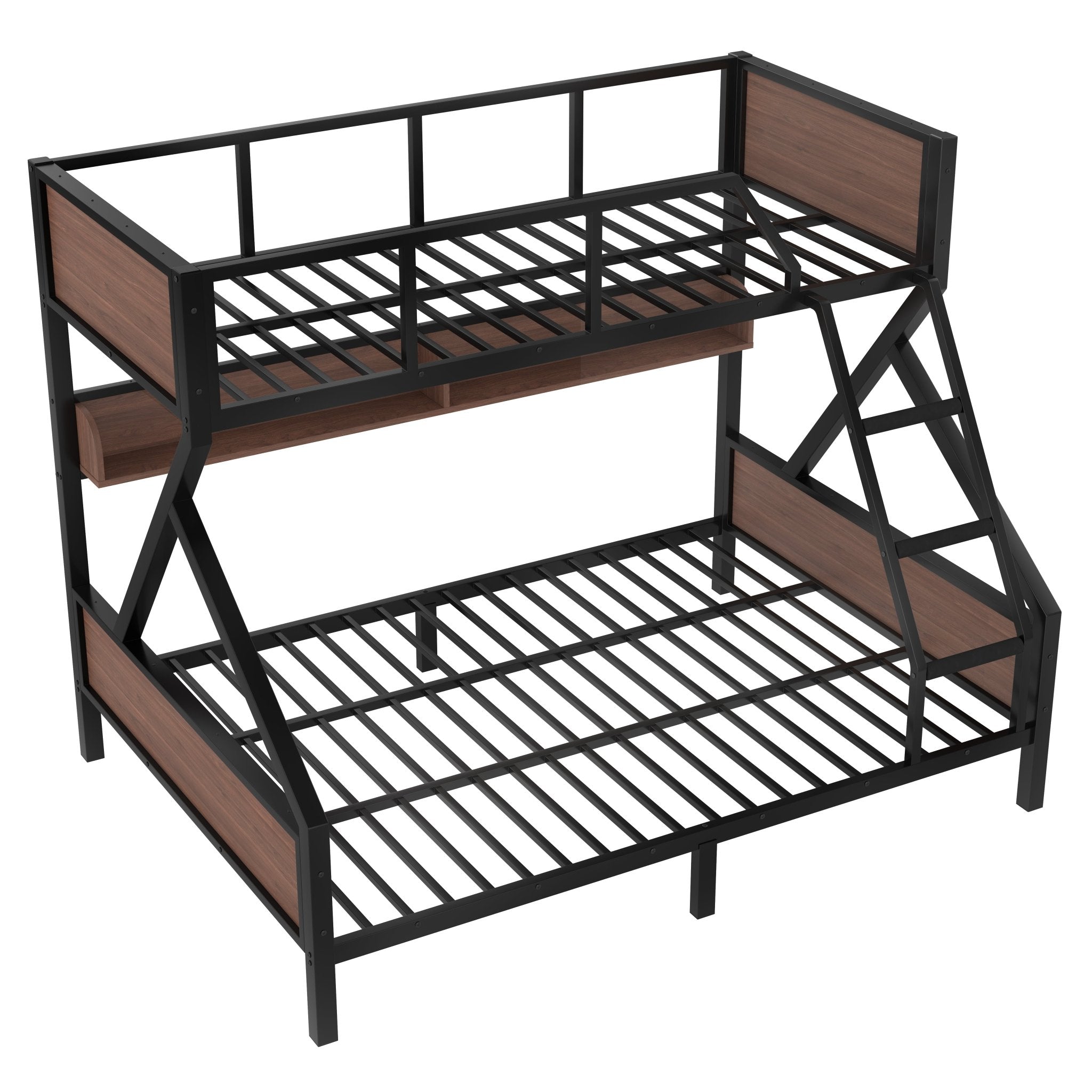 Bellemave® Bunk Beds Twin Over Full Size with Storage Shelves & LED Light, Metal Twin Over Full Bunk Bed Frame with Wood Board & Sturdy Slats, Heavy Duty Bed Frame, Noise Free, Black - Bellemave