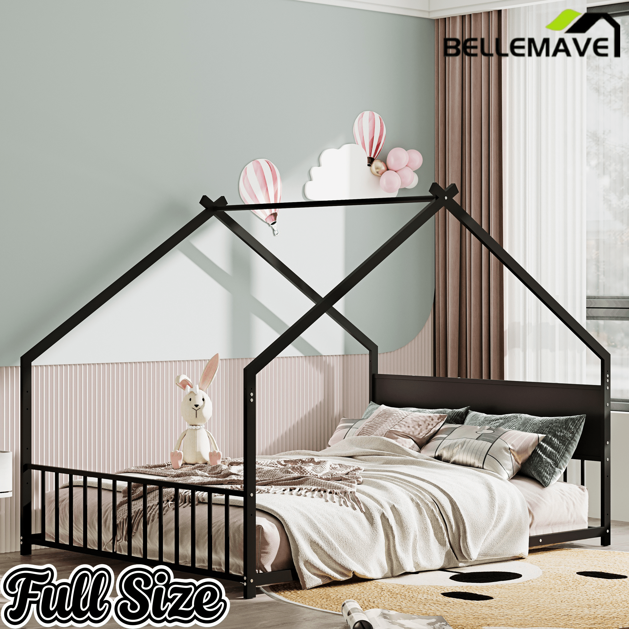 Bellemave® Canopy Bed Frame with Roof, Built - in Colorful LED Lights, Metal Structure with Slats for Mattress Support, No Box Spring Needed - Bellemave