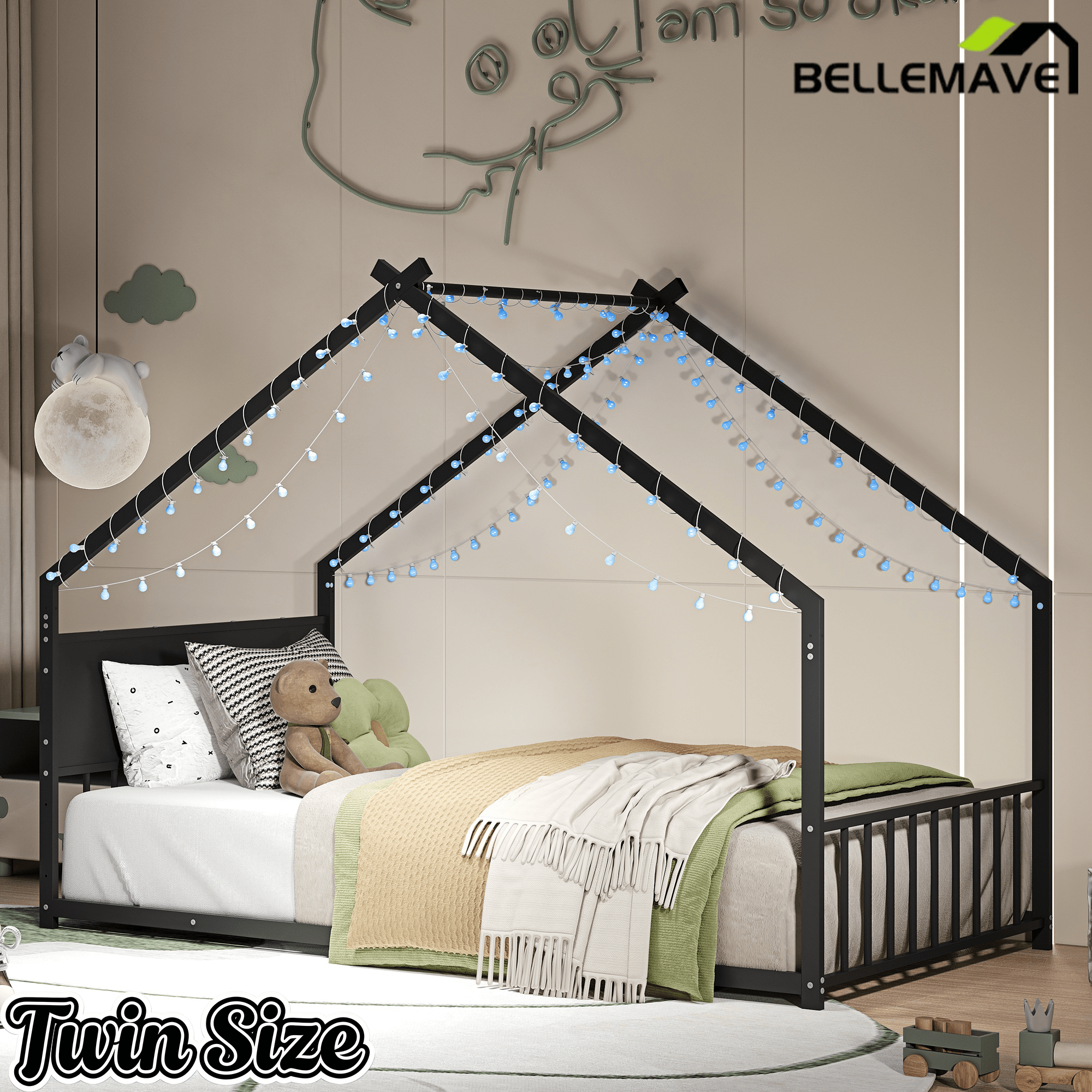 Bellemave® Canopy Bed Frame with Roof, Built - in Colorful LED Lights, Metal Structure with Slats for Mattress Support, No Box Spring Needed - Bellemave