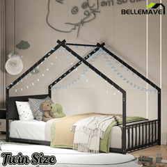 Bellemave® Canopy Bed Frame with Roof, Built - in Colorful LED Lights, Metal Structure with Slats for Mattress Support, No Box Spring Needed - Bellemave