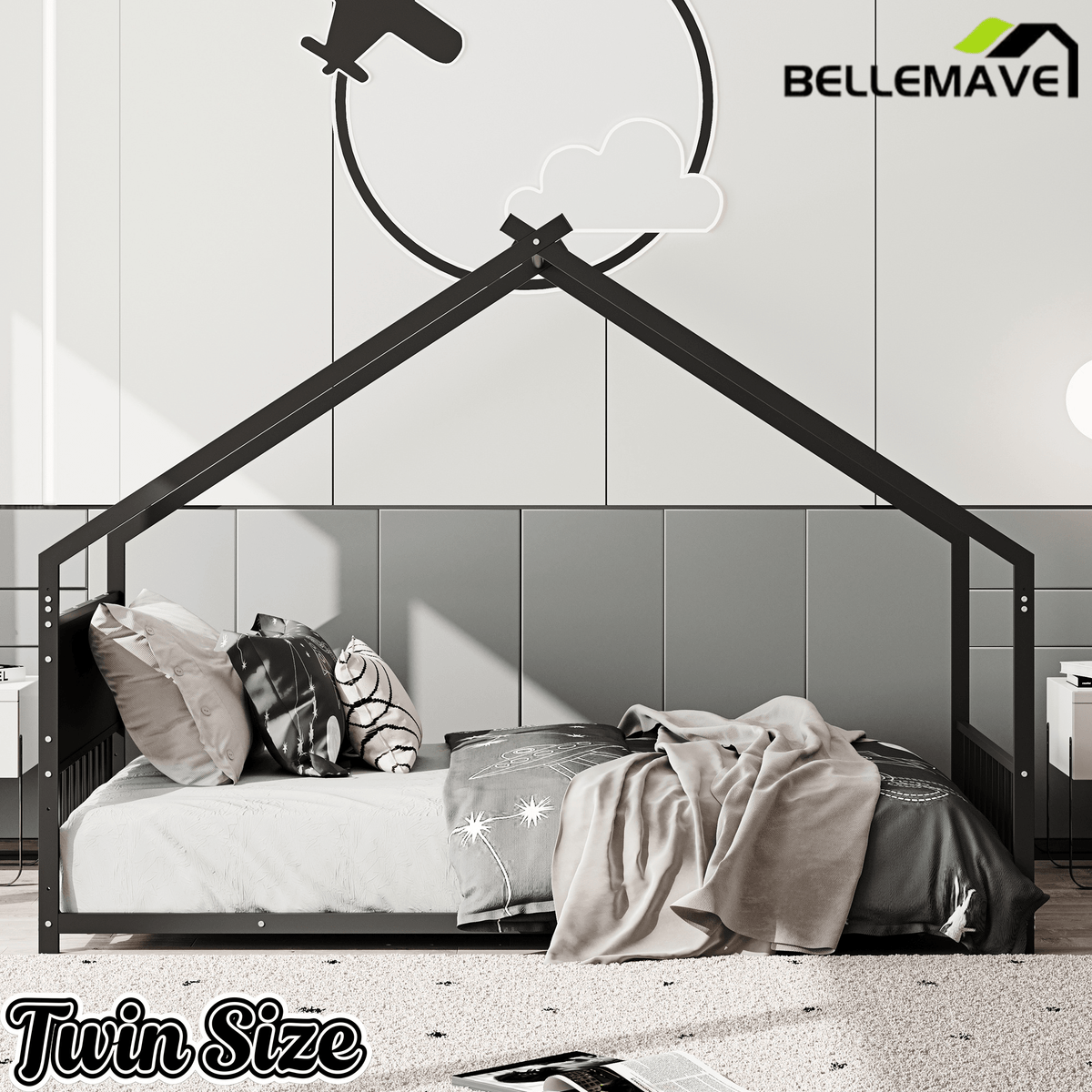 Bellemave® Canopy Bed Frame with Roof, Built - in Colorful LED Lights, Metal Structure with Slats for Mattress Support, No Box Spring Needed - Bellemave