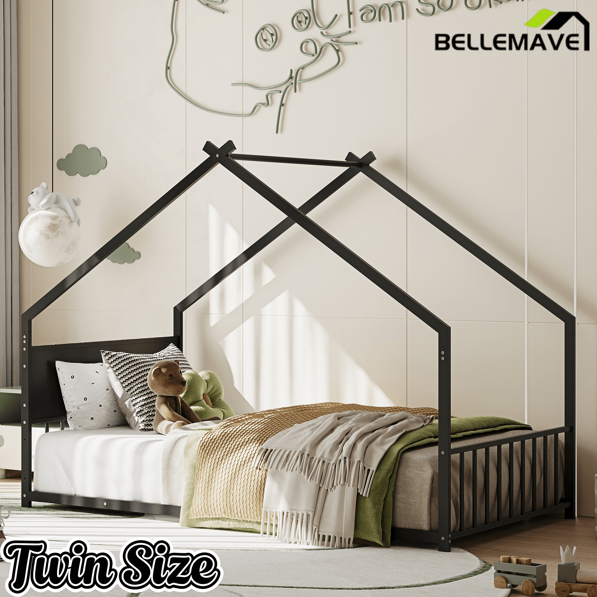 Bellemave® Canopy Bed Frame with Roof, Built - in Colorful LED Lights, Metal Structure with Slats for Mattress Support, No Box Spring Needed - Bellemave