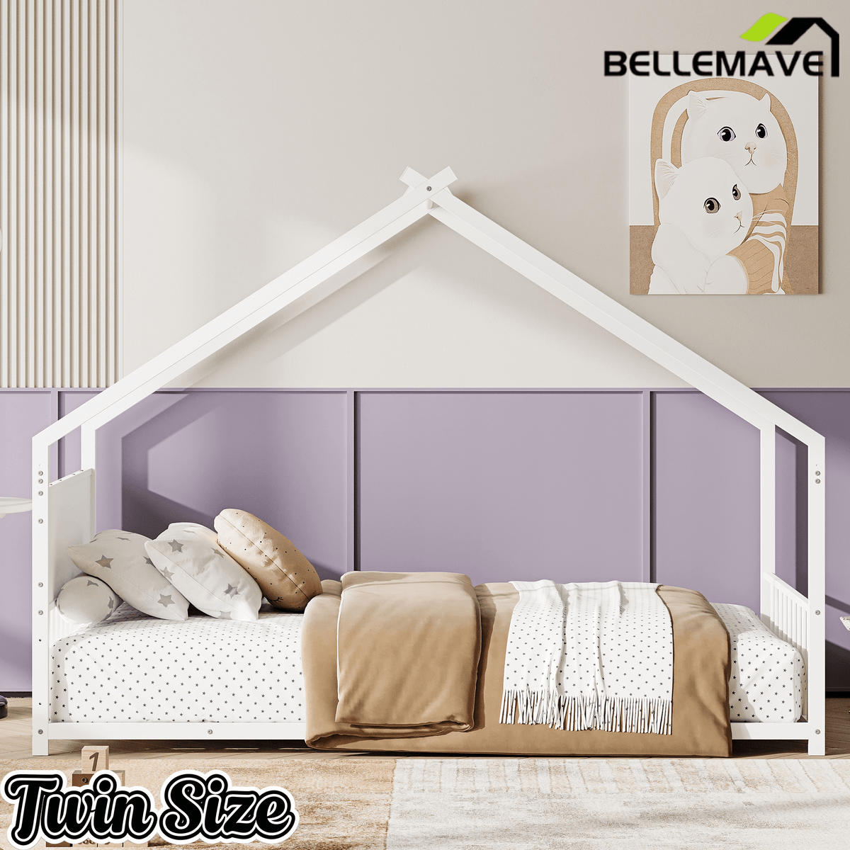 Bellemave® Canopy Bed Frame with Roof, Built - in Colorful LED Lights, Metal Structure with Slats for Mattress Support, No Box Spring Needed - Bellemave