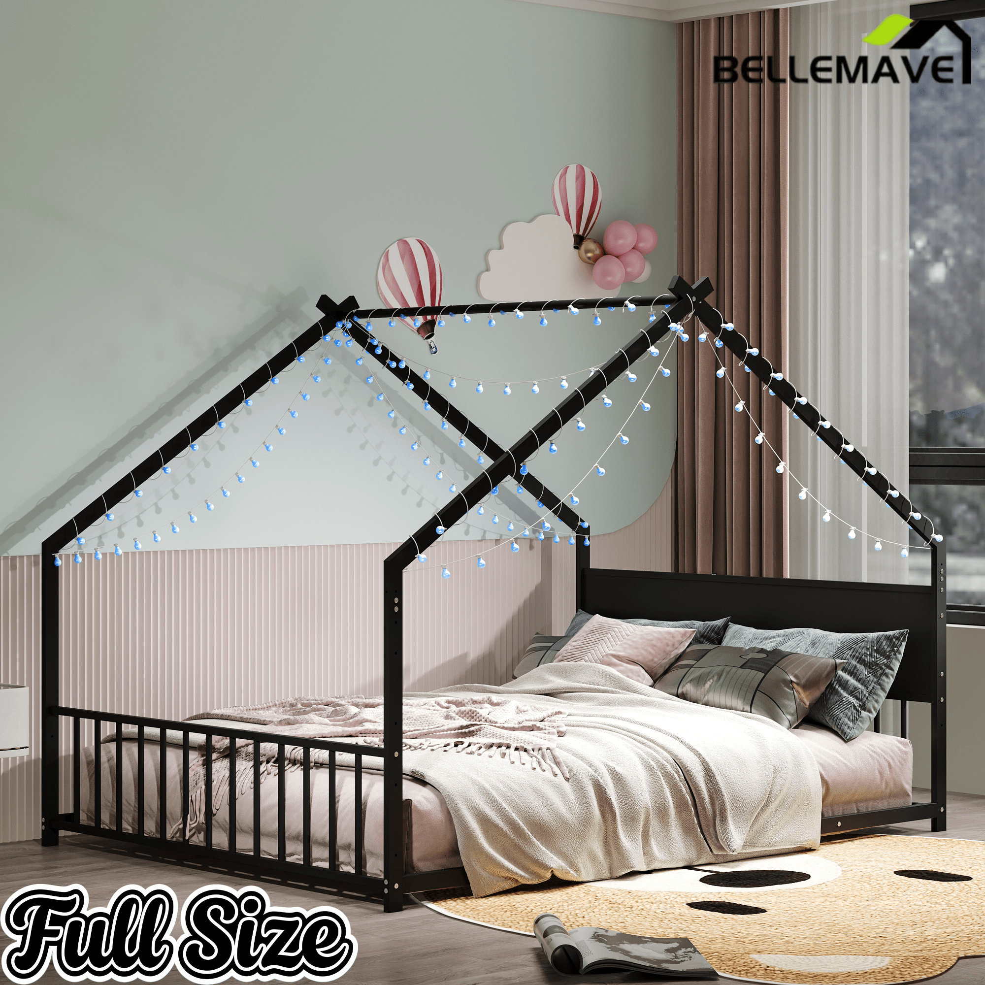 Bellemave® Canopy Bed Frame with Roof, Built - in Colorful LED Lights, Metal Structure with Slats for Mattress Support, No Box Spring Needed - Bellemave