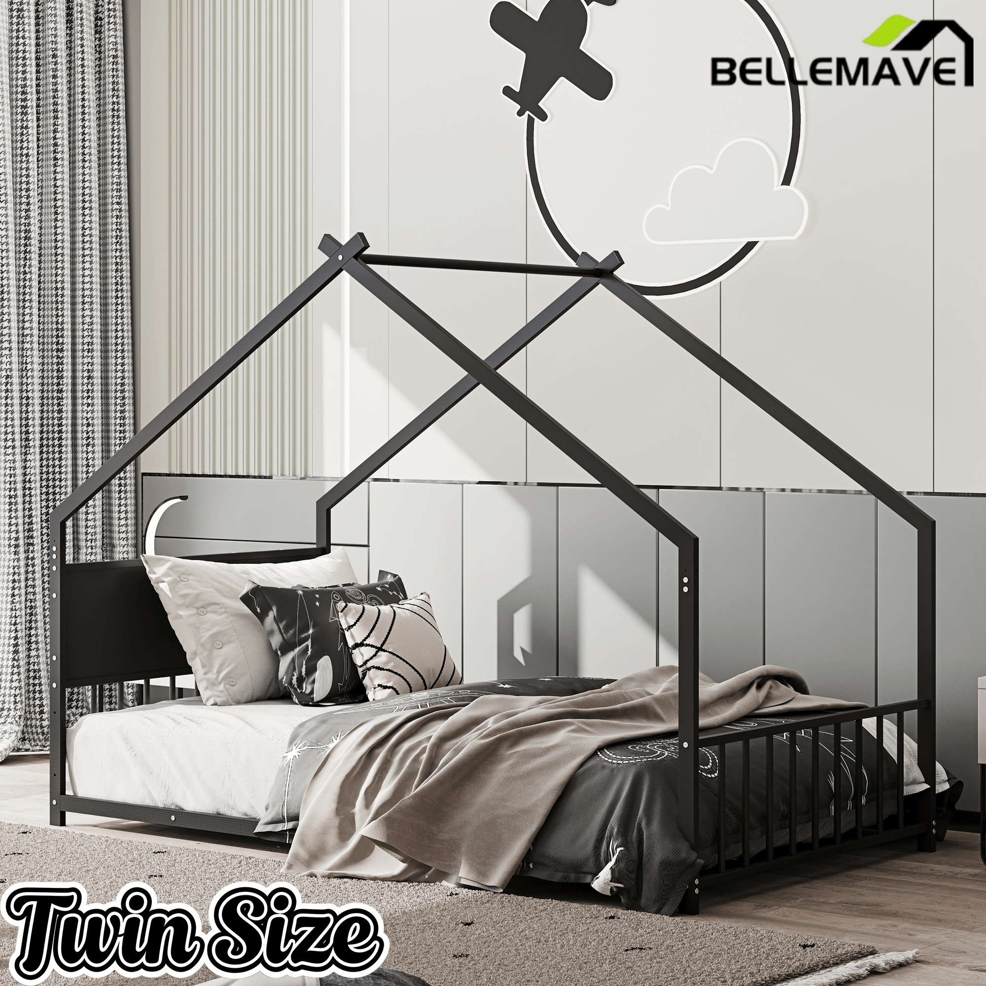 Bellemave® Canopy Bed Frame with Roof, Built - in Colorful LED Lights, Metal Structure with Slats for Mattress Support, No Box Spring Needed - Bellemave