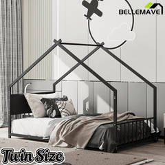 Bellemave® Canopy Bed Frame with Roof, Built - in Colorful LED Lights, Metal Structure with Slats for Mattress Support, No Box Spring Needed - Bellemave