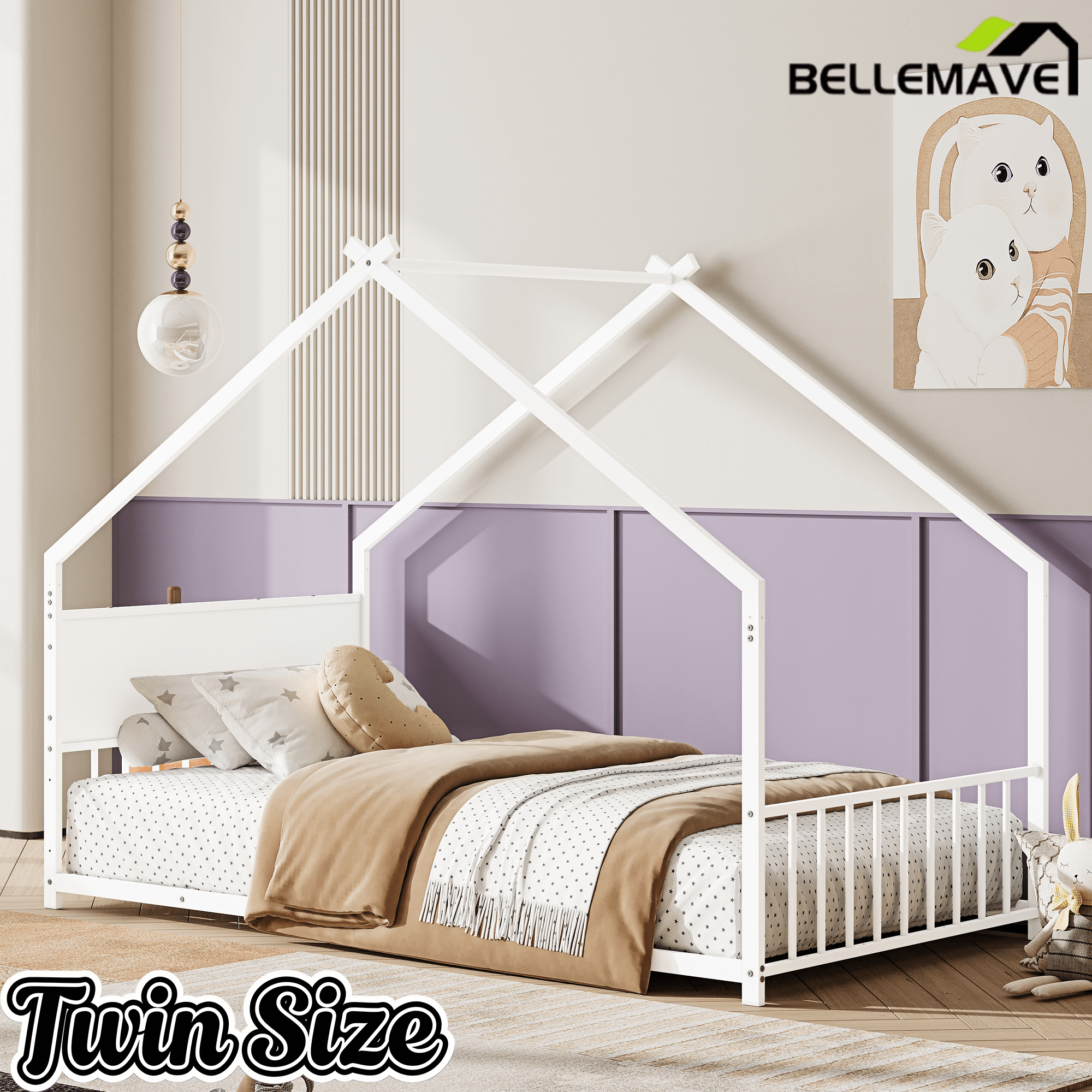 Bellemave® Canopy Bed Frame with Roof, Built - in Colorful LED Lights, Metal Structure with Slats for Mattress Support, No Box Spring Needed - Bellemave