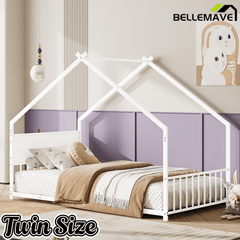 Bellemave® Canopy Bed Frame with Roof, Built - in Colorful LED Lights, Metal Structure with Slats for Mattress Support, No Box Spring Needed - Bellemave
