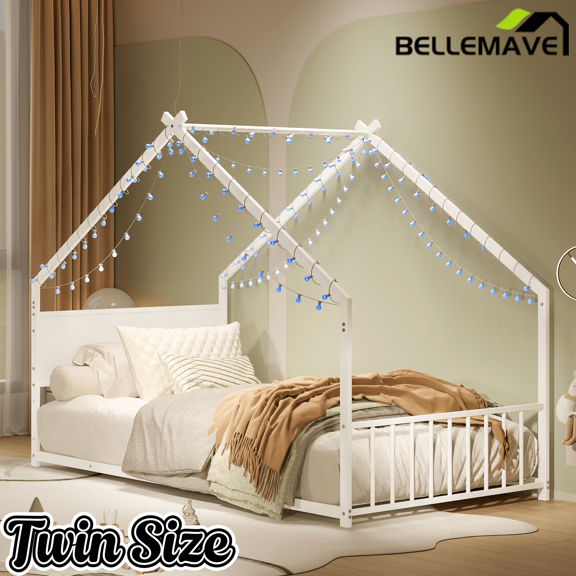 Bellemave® Canopy Bed Frame with Roof, Built - in Colorful LED Lights, Metal Structure with Slats for Mattress Support, No Box Spring Needed - Bellemave
