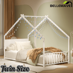 Bellemave® Canopy Bed Frame with Roof, Built - in Colorful LED Lights, Metal Structure with Slats for Mattress Support, No Box Spring Needed - Bellemave
