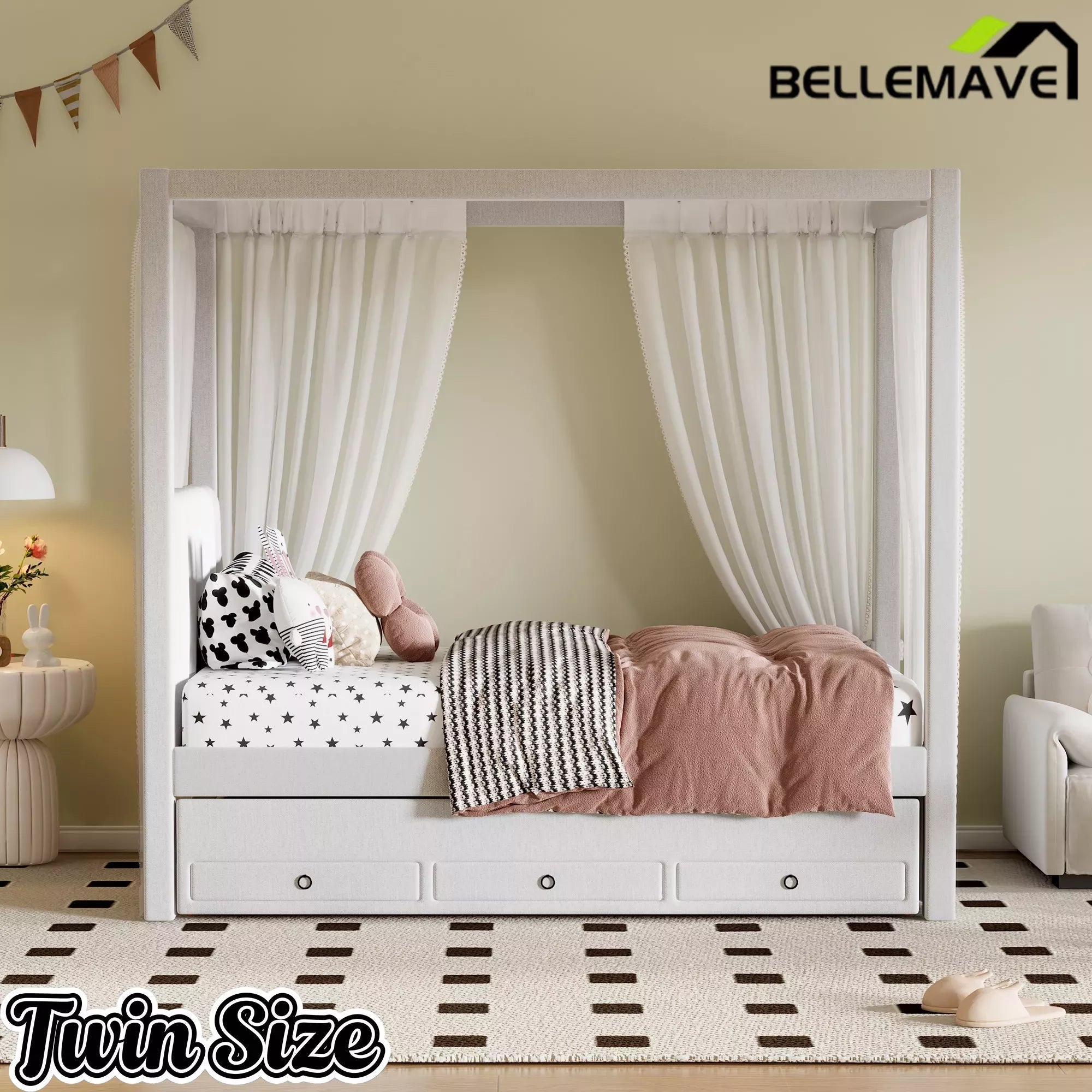 Bellemave® Canopy Bed with Trundle and 3 Storage Drawers, Canopy Platform Bed with Upholstery Headboard - Bellemave