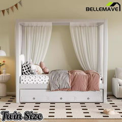 Bellemave® Canopy Bed with Trundle and 3 Storage Drawers, Canopy Platform Bed with Upholstery Headboard - Bellemave