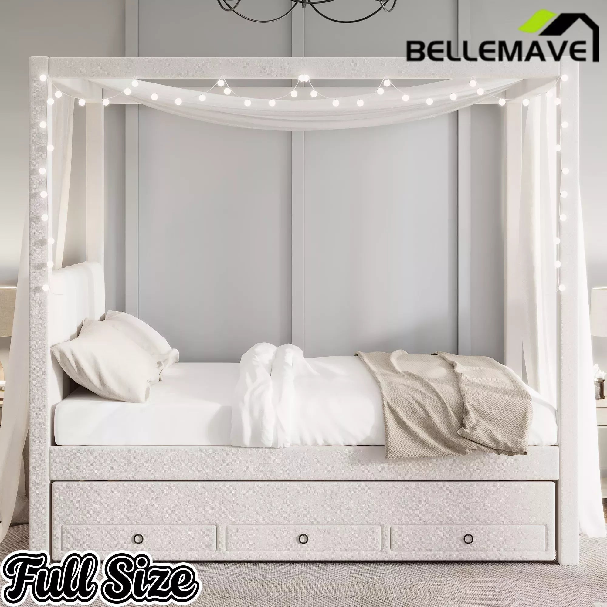 Bellemave® Canopy Bed with Trundle and 3 Storage Drawers, Canopy Platform Bed with Upholstery Headboard - Bellemave