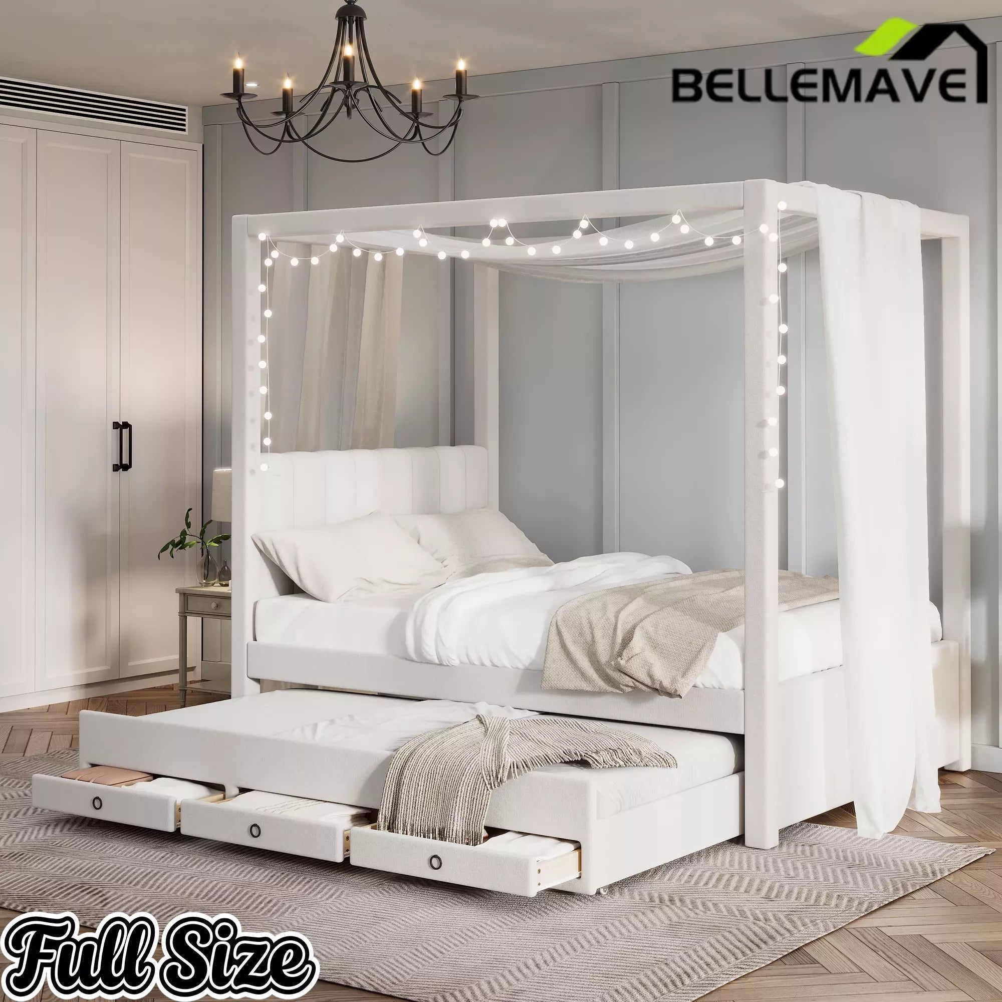 Bellemave® Canopy Bed with Trundle and 3 Storage Drawers, Canopy Platform Bed with Upholstery Headboard - Bellemave