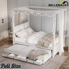 Bellemave® Canopy Bed with Trundle and 3 Storage Drawers, Canopy Platform Bed with Upholstery Headboard - Bellemave