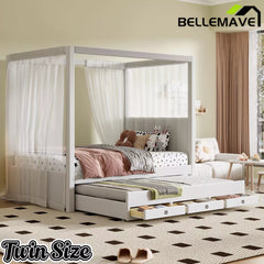 Bellemave® Canopy Bed with Trundle and 3 Storage Drawers, Canopy Platform Bed with Upholstery Headboard - Bellemave