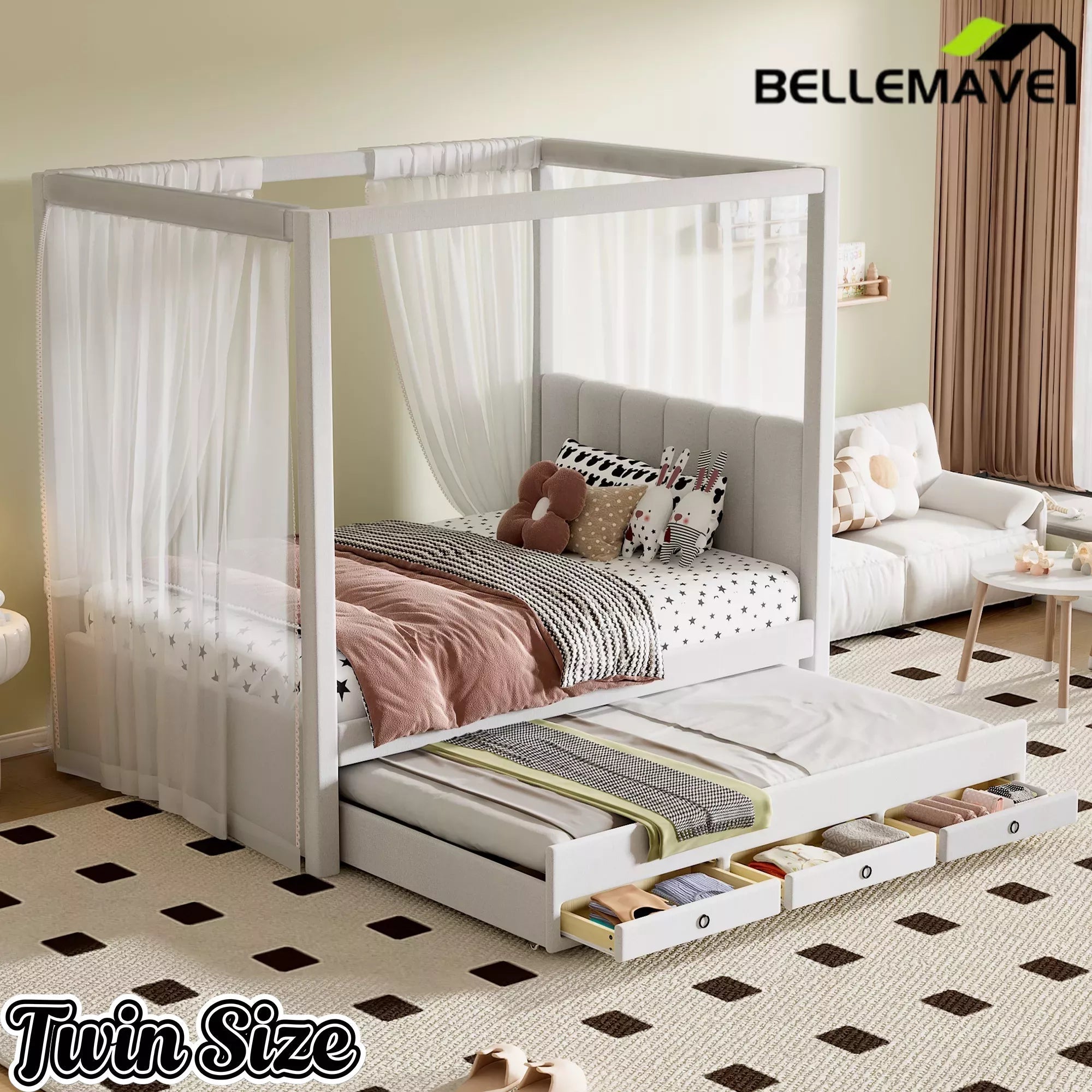 Bellemave® Canopy Bed with Trundle and 3 Storage Drawers, Canopy Platform Bed with Upholstery Headboard - Bellemave