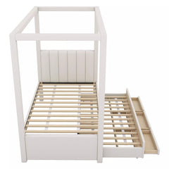 Bellemave® Canopy Bed with Trundle and 3 Storage Drawers, Canopy Platform Bed with Upholstery Headboard - Bellemave