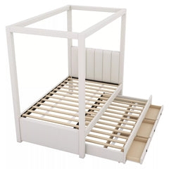 Bellemave® Canopy Bed with Trundle and 3 Storage Drawers, Canopy Platform Bed with Upholstery Headboard - Bellemave