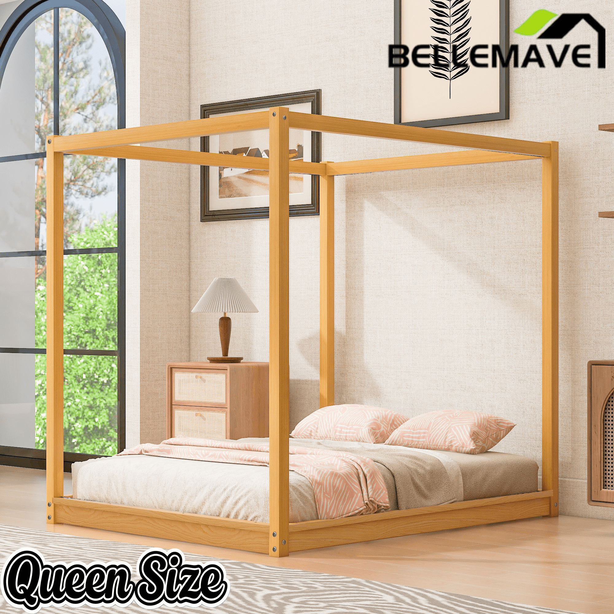 Bellemave® Canopy Bed, Wood Platform Floor Bed with Slat Support, 4 Posters Bed Frame for Kids, Teens & Adults - Bellemave