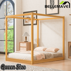 Bellemave® Canopy Bed, Wood Platform Floor Bed with Slat Support, 4 Posters Bed Frame for Kids, Teens & Adults - Bellemave