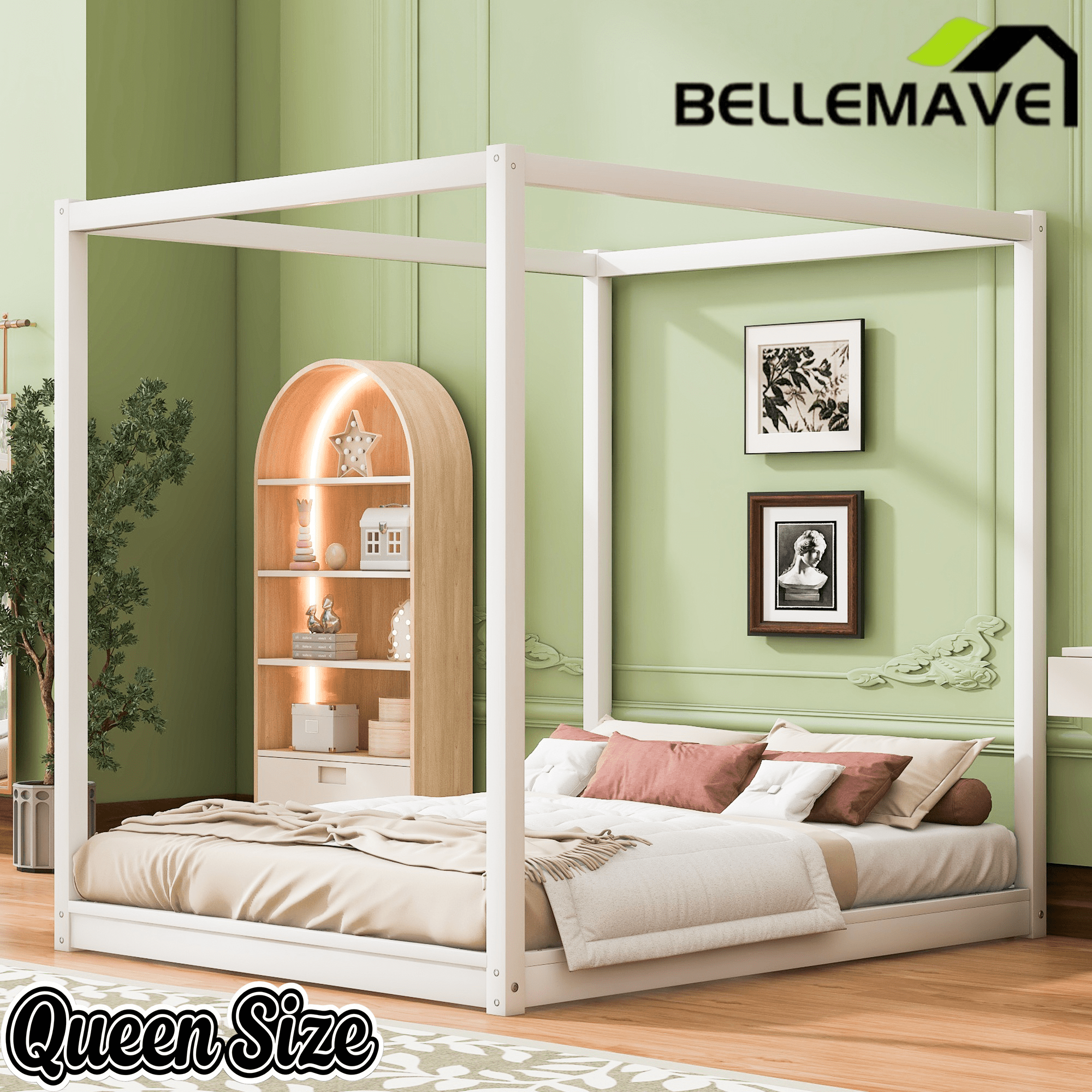 Bellemave® Canopy Bed, Wood Platform Floor Bed with Slat Support, 4 Posters Bed Frame for Kids, Teens & Adults - Bellemave