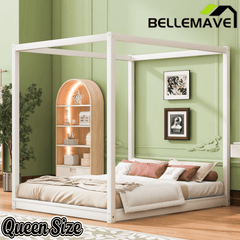 Bellemave® Canopy Bed, Wood Platform Floor Bed with Slat Support, 4 Posters Bed Frame for Kids, Teens & Adults - Bellemave