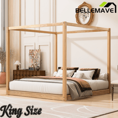 Bellemave® Canopy Bed, Wood Platform Floor Bed with Slat Support, 4 Posters Bed Frame for Kids, Teens & Adults - Bellemave