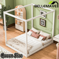 Bellemave® Canopy Bed, Wood Platform Floor Bed with Slat Support, 4 Posters Bed Frame for Kids, Teens & Adults - Bellemave