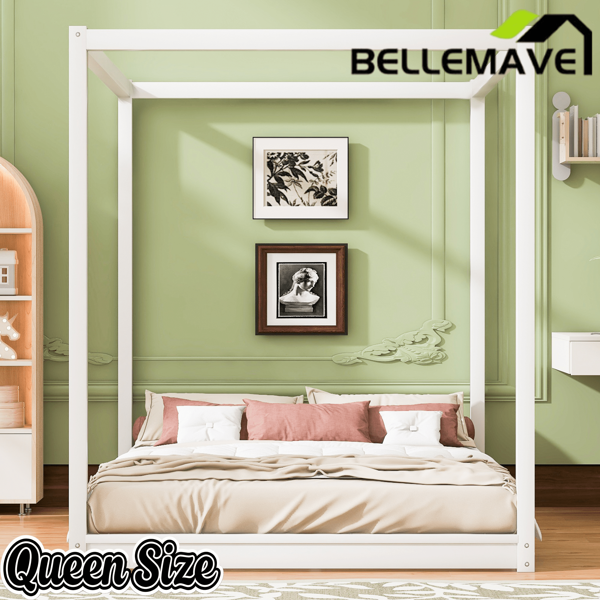 Bellemave® Canopy Bed, Wood Platform Floor Bed with Slat Support, 4 Posters Bed Frame for Kids, Teens & Adults - Bellemave