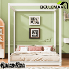 Bellemave® Canopy Bed, Wood Platform Floor Bed with Slat Support, 4 Posters Bed Frame for Kids, Teens & Adults - Bellemave