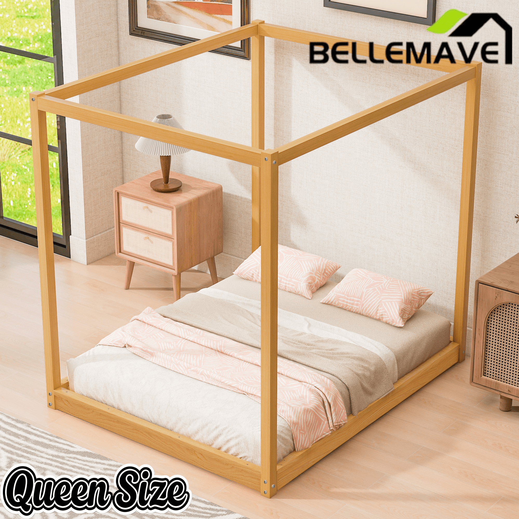 Bellemave® Canopy Bed, Wood Platform Floor Bed with Slat Support, 4 Posters Bed Frame for Kids, Teens & Adults - Bellemave