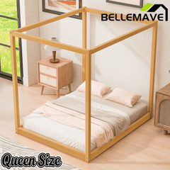 Bellemave® Canopy Bed, Wood Platform Floor Bed with Slat Support, 4 Posters Bed Frame for Kids, Teens & Adults - Bellemave