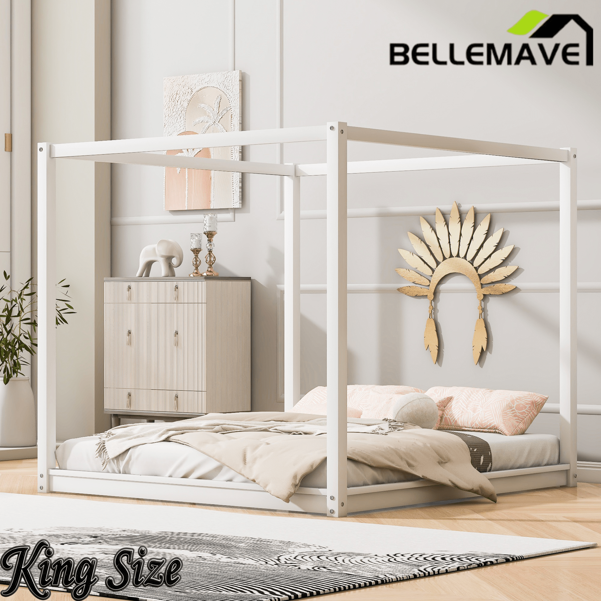 Bellemave® Canopy Bed, Wood Platform Floor Bed with Slat Support, 4 Posters Bed Frame for Kids, Teens & Adults - Bellemave