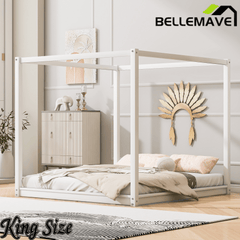 Bellemave® Canopy Bed, Wood Platform Floor Bed with Slat Support, 4 Posters Bed Frame for Kids, Teens & Adults - Bellemave