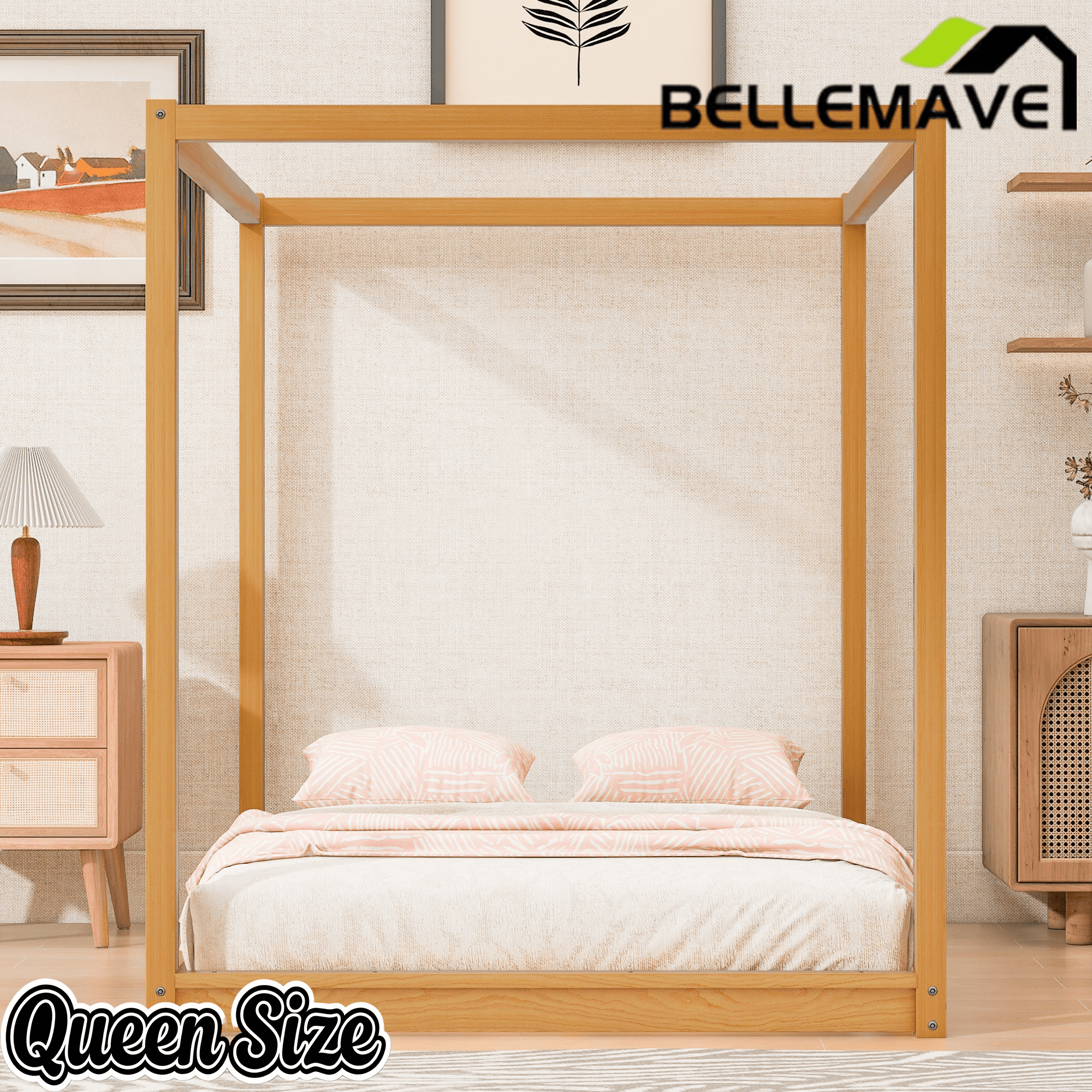 Bellemave® Canopy Bed, Wood Platform Floor Bed with Slat Support, 4 Posters Bed Frame for Kids, Teens & Adults - Bellemave