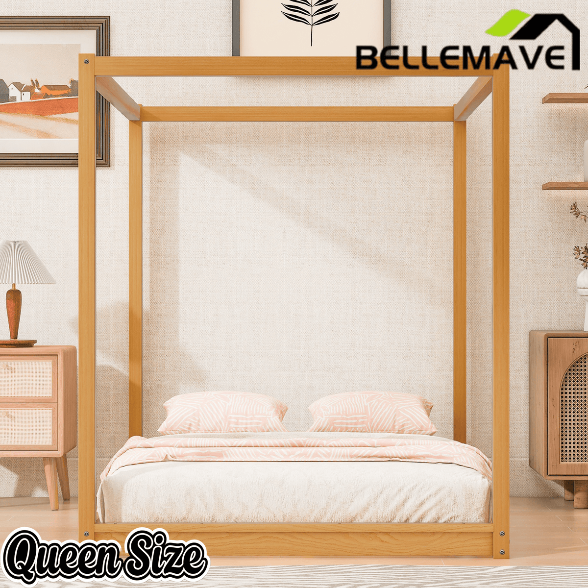 Bellemave® Canopy Bed, Wood Platform Floor Bed with Slat Support, 4 Posters Bed Frame for Kids, Teens & Adults - Bellemave