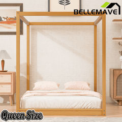 Bellemave® Canopy Bed, Wood Platform Floor Bed with Slat Support, 4 Posters Bed Frame for Kids, Teens & Adults - Bellemave