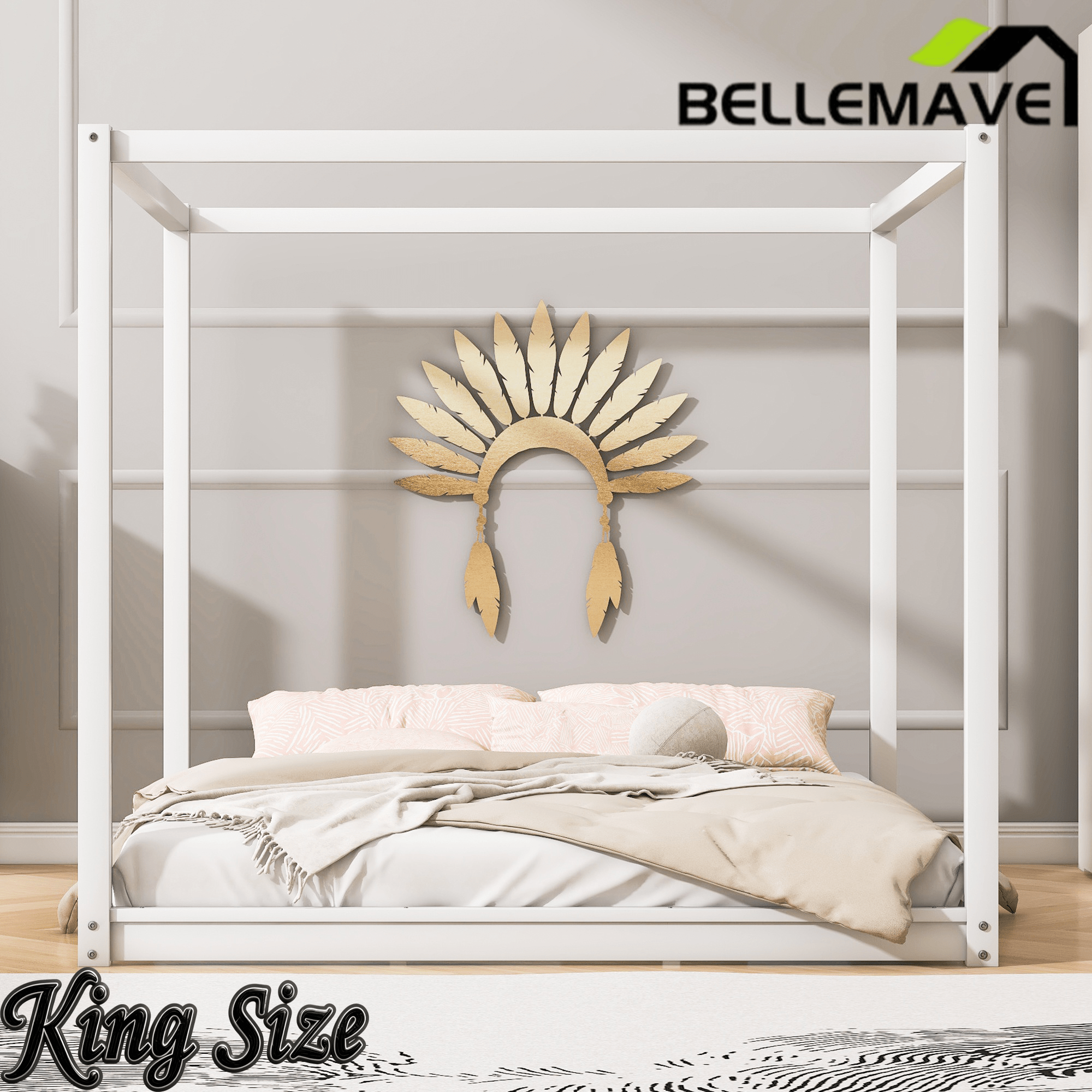 Bellemave® Canopy Bed, Wood Platform Floor Bed with Slat Support, 4 Posters Bed Frame for Kids, Teens & Adults - Bellemave